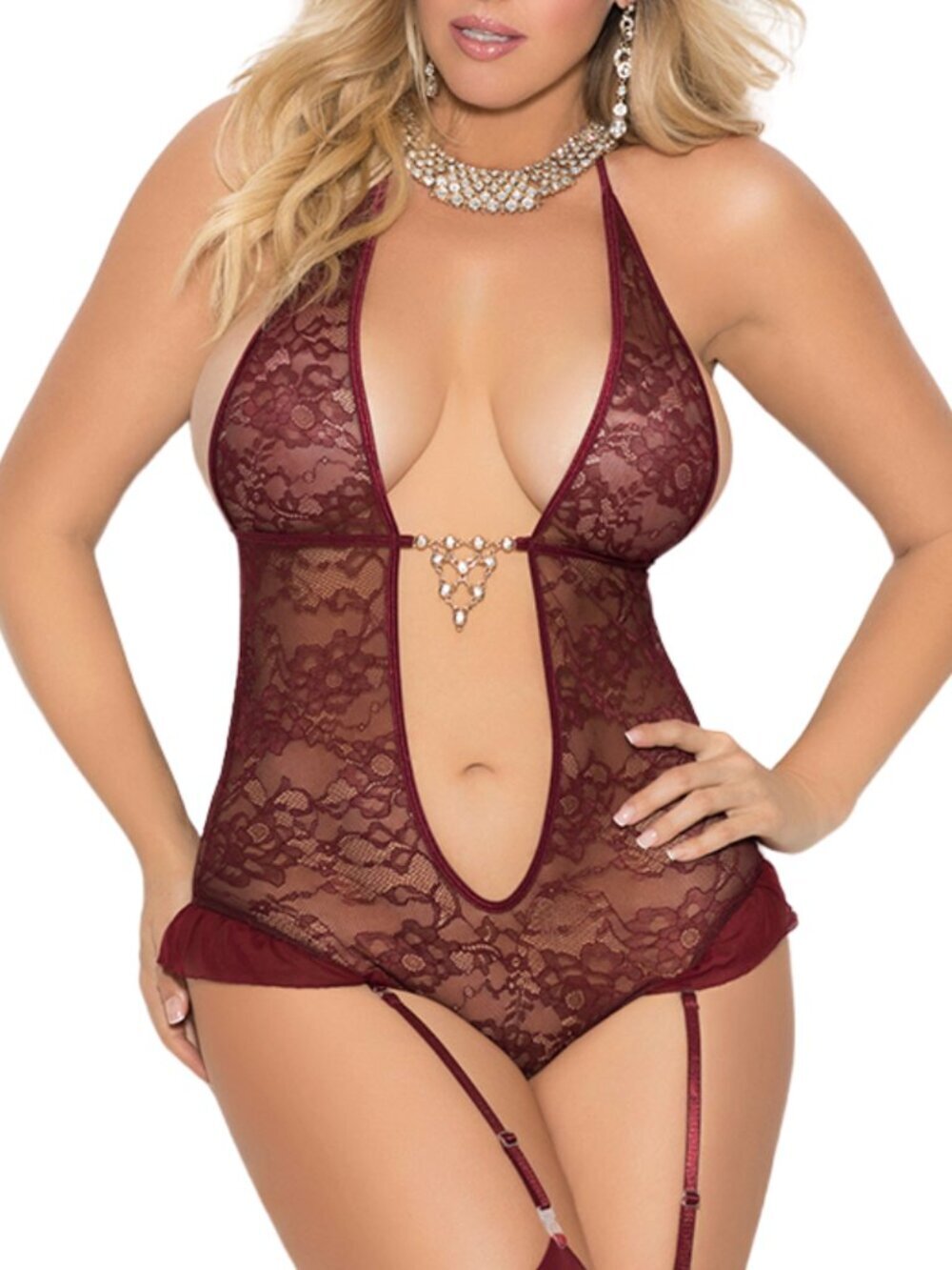 Plus Size Wine Red Lace Halter Teddiette Deep V Rhinestone Garter Lingerie